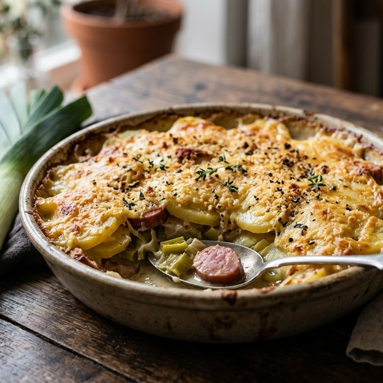 Aardappel-prei-worstschotel uit de oven