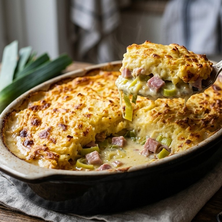 Aardappel-preischotel met ham en kaassaus