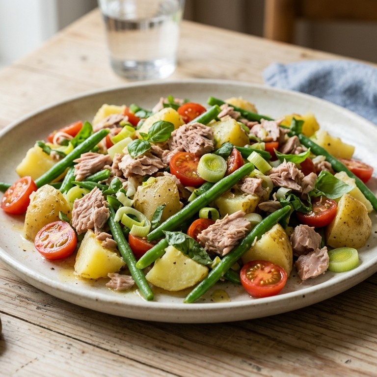 Aardappel-tonijnsalade met sperziebonen en cherrytomaatjes