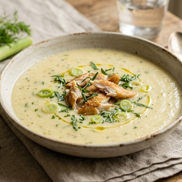Aardappel-venkelsoepje met gerookte paling
