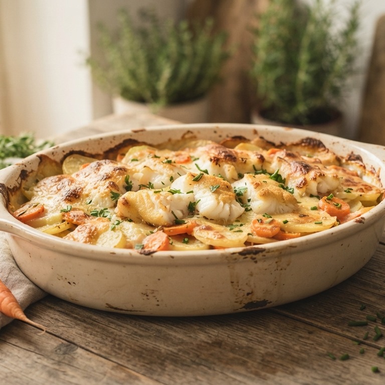 Aardappel wortelgratin met vis