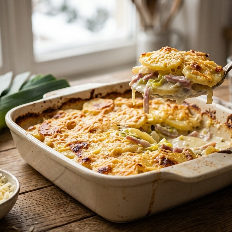 Aardappelgratin met prei en ham