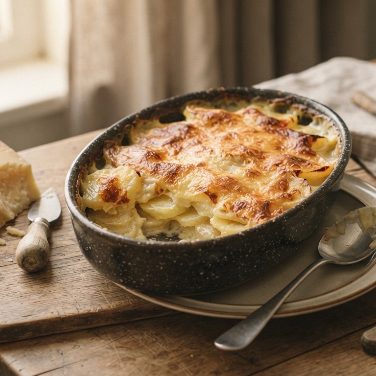 Aardappelgratin met slagroom en geraspte belegen kaas