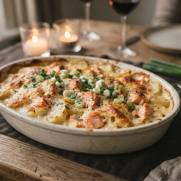 Aardappelgratin met zalm