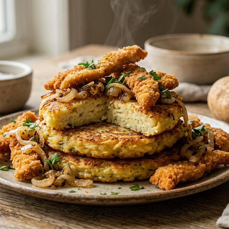 Aardappelpannenkoeken met schnitzelreepjes