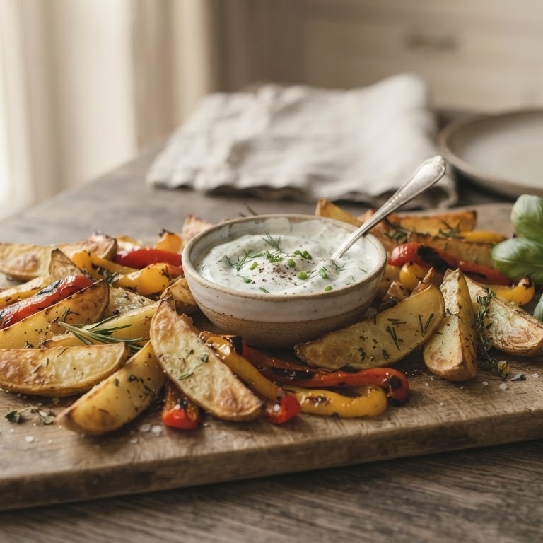 Aardappelpartjes met groenten uit de oven met roomdip