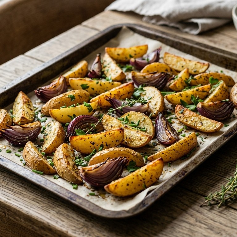 Aardappelpartjes met rode uien