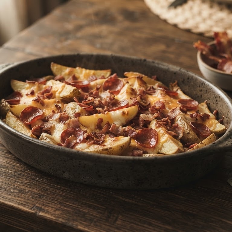 Aardappelpartjes met spekjes en paprika
