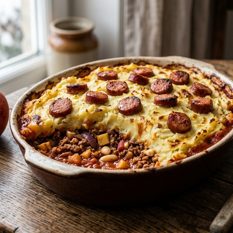 Aardappelpuree met appel, gehakt en rookworst uit de oven