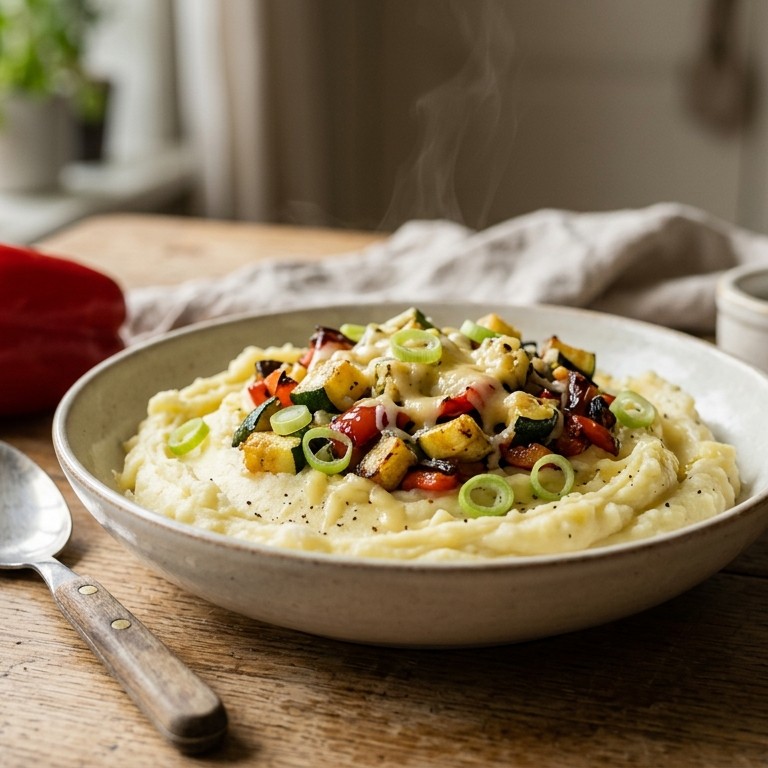 Aardappelpuree met gebakken groentestukjes
