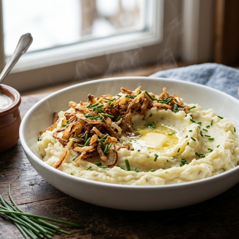 Aardappelpuree met gebakken uitjes en bieslook