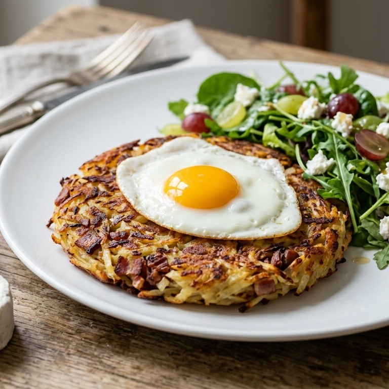 Aardappelrosti met sla en gebakken ei