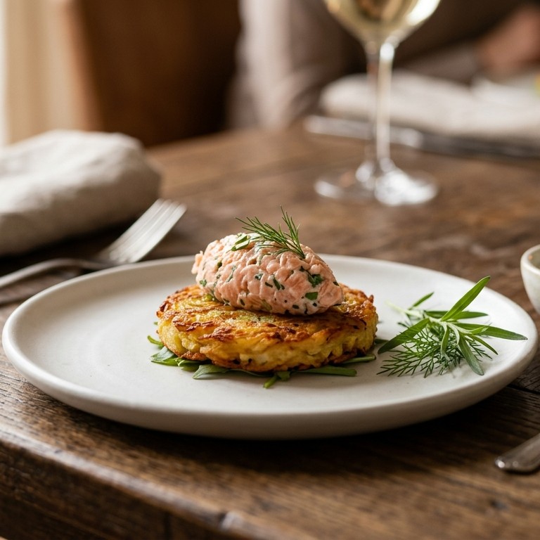 Aardappelrösti met tartaar van verse zalm (amuse)