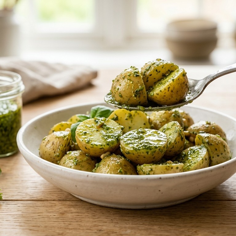 Aardappels met pesto (van restant aardappels)