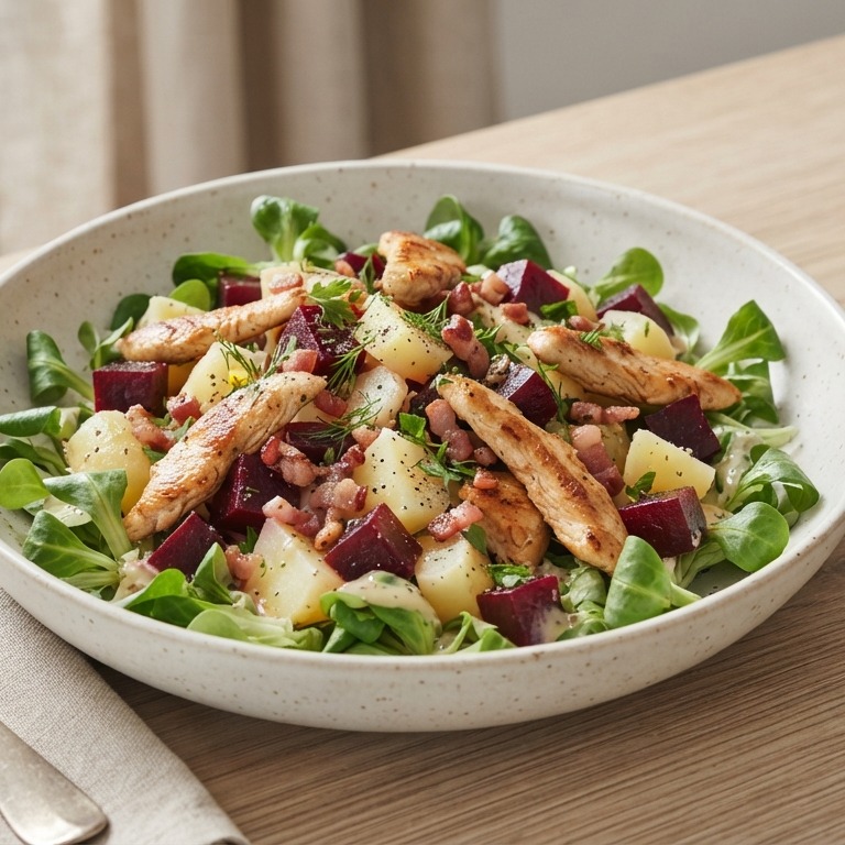 Aardappelsalade met bieten en kip