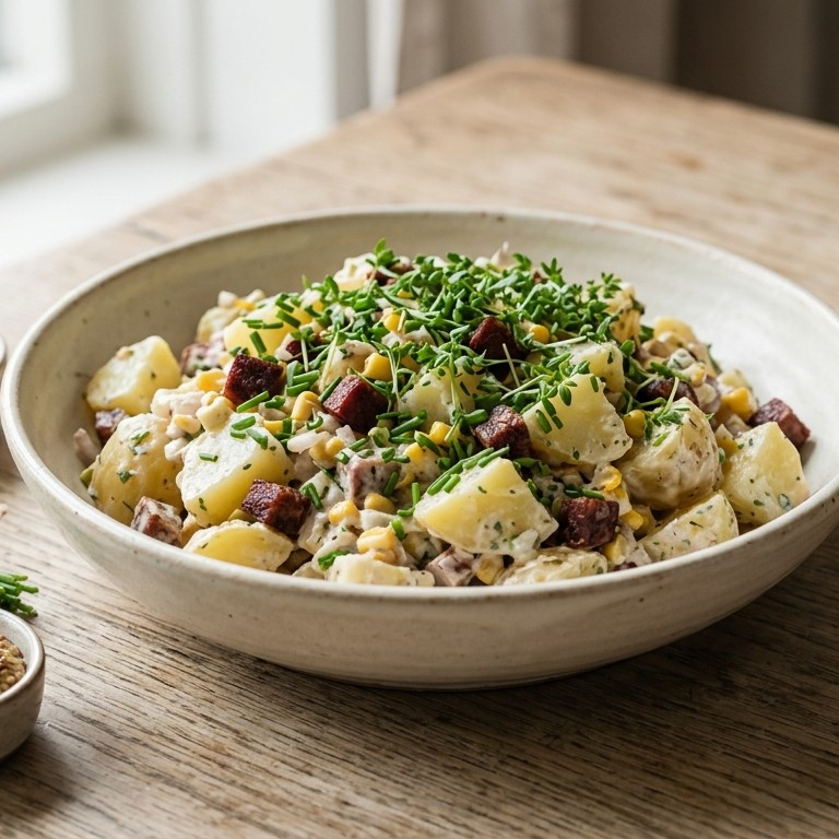 Aardappelsalade met chorizo en sjalotjes