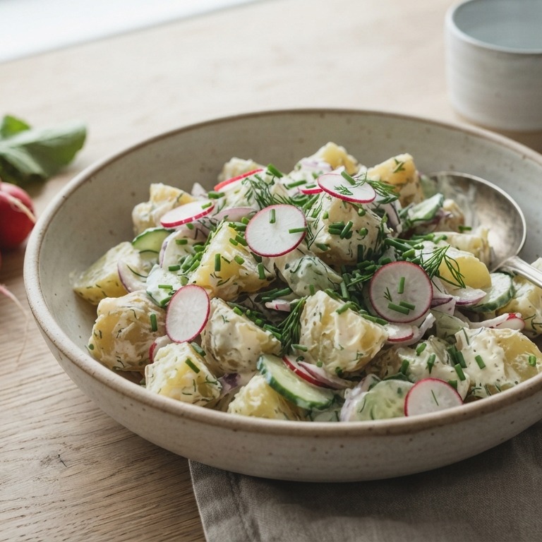 Aardappelsalade met komkommer en radijs