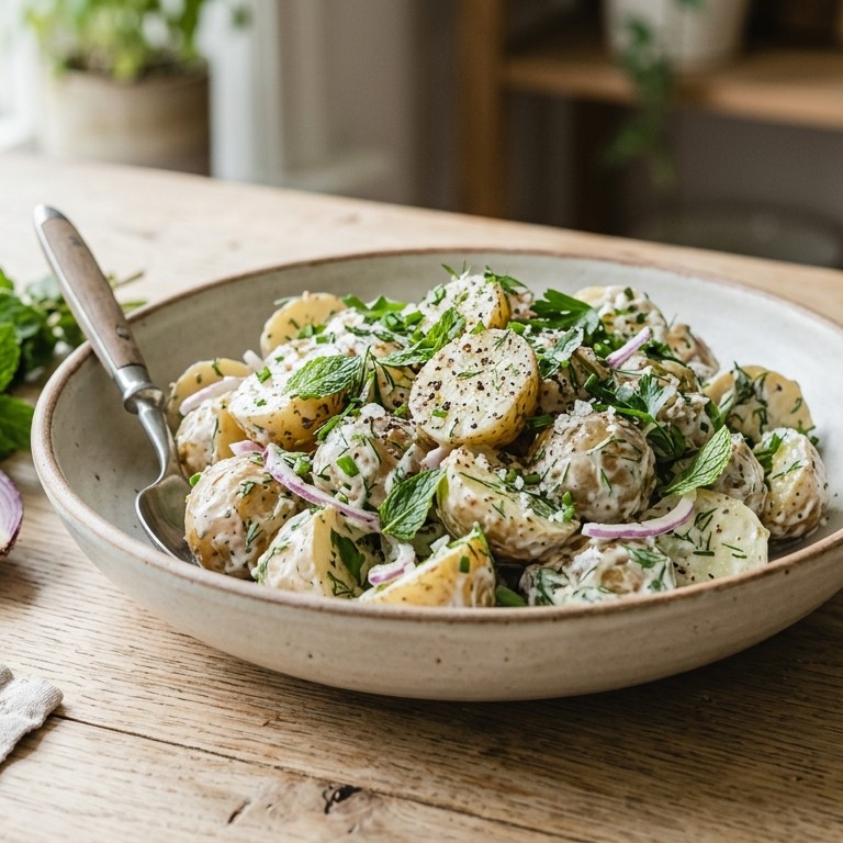 Aardappelsalade met munt en zure room
