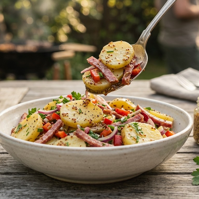 Aardappelsalade met salami en paprika