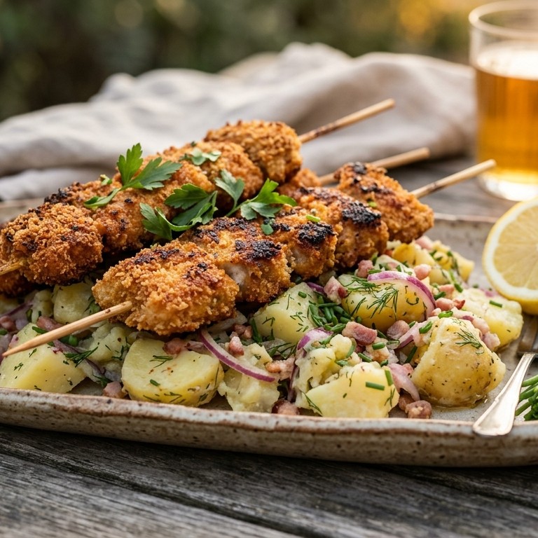 Aardappelsalade met schnitzelspiesjes