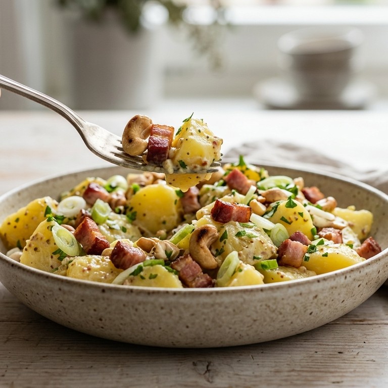 Aardappelsalade met spekjes en cashewnoten
