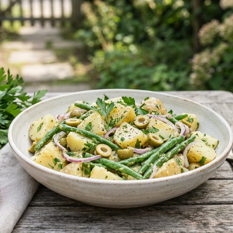 Aardappelsalade met sperziebonen en groene olijven