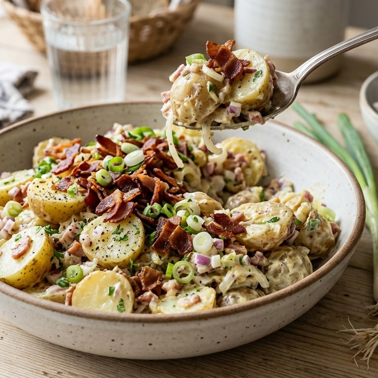 Aardappelsalade met ui en krokante uitgebakken spek