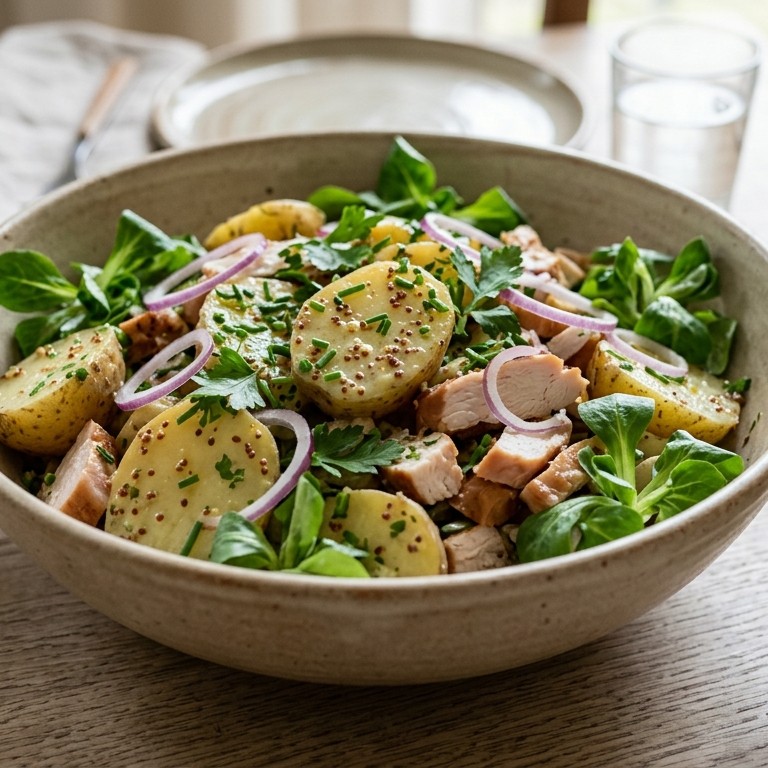 Aardappelsalade met veldsla en gerookte kip