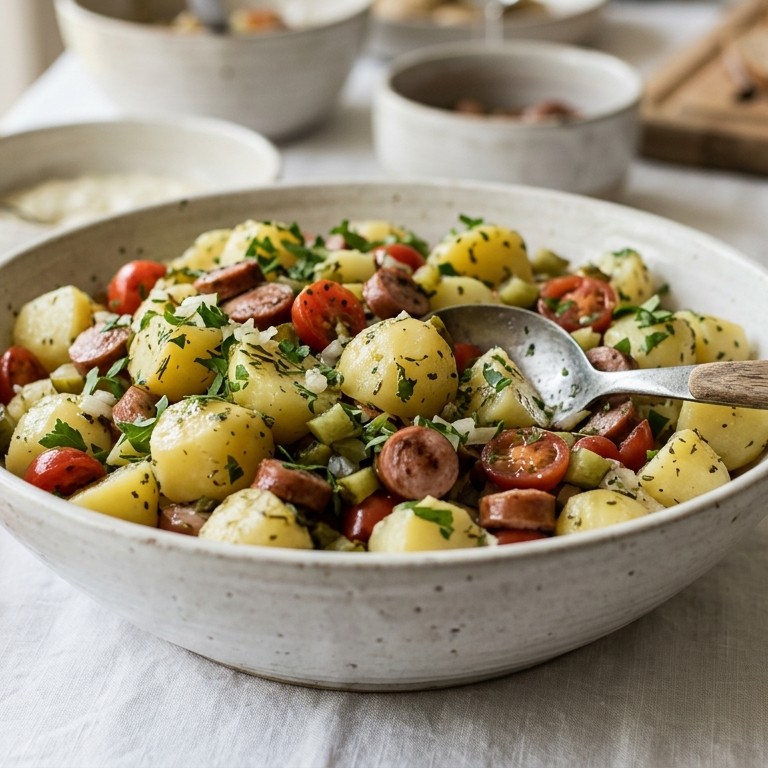 Aardappelsalade met worst voor buffet