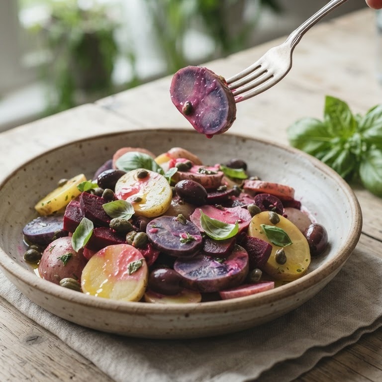Aardappelsalade van gekleurde smulpiepers met kapperappels en olijf