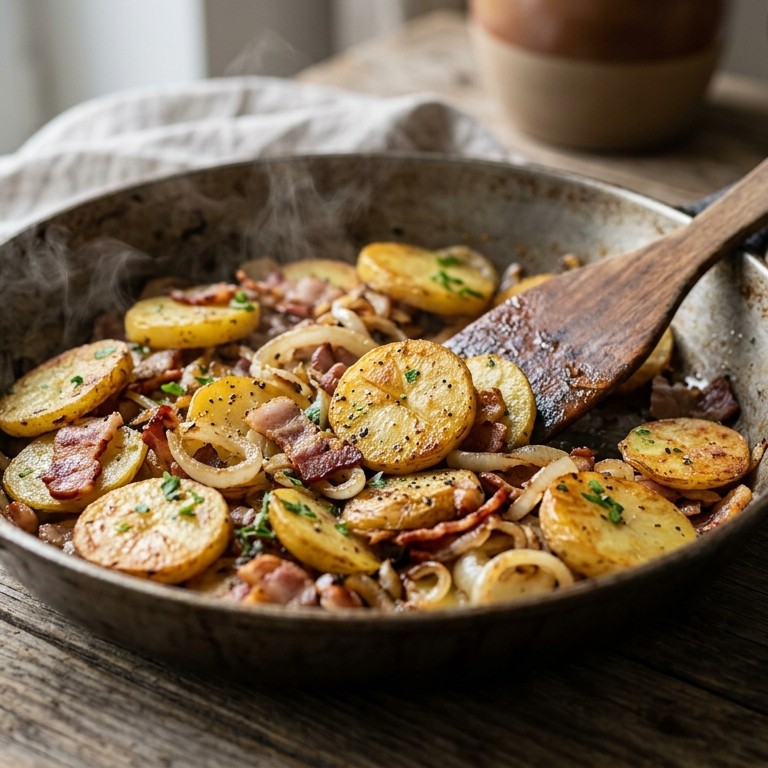Aardappelschijfjes met bacon en ui