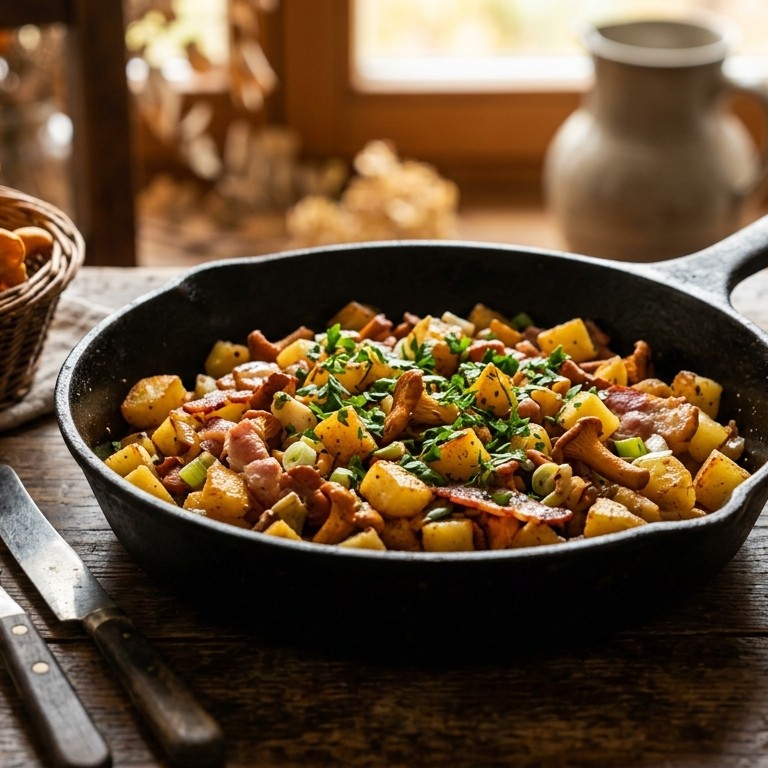 Aardappelschotel met cantharellen en spek