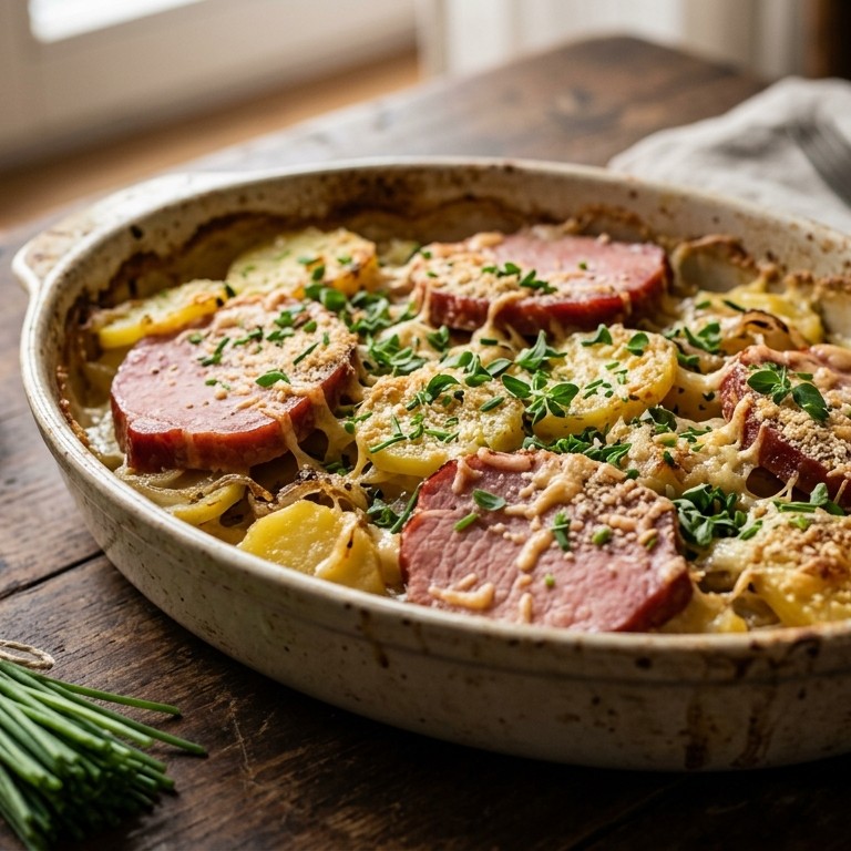 Aardappelschotel met casselerrib