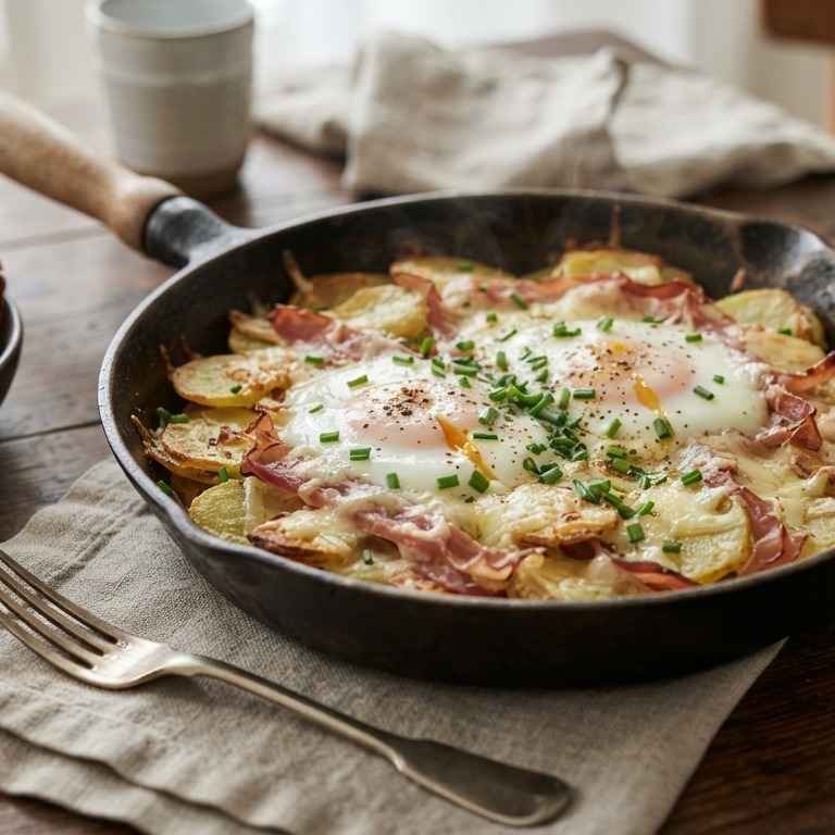 Aardappelschotel met eieren, ham en kaas