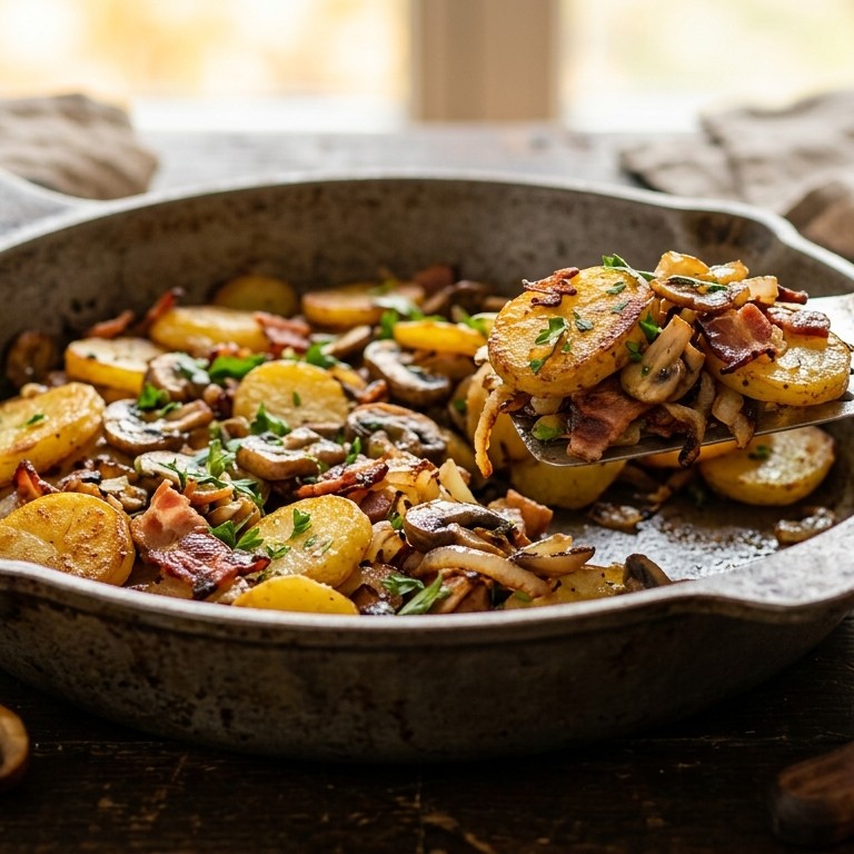 Aardappelschotel met spekchampignons