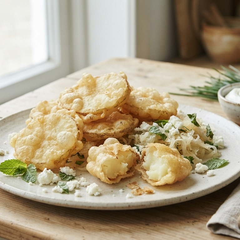 Aardappeltempura met zuurkool feta en munt