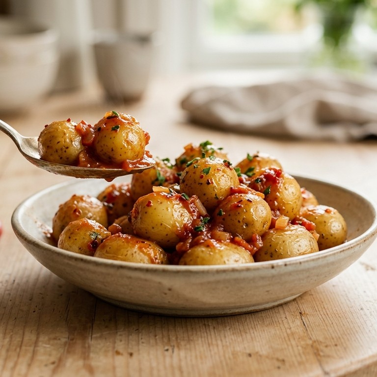 Aardappeltjes met hete tomatensaus