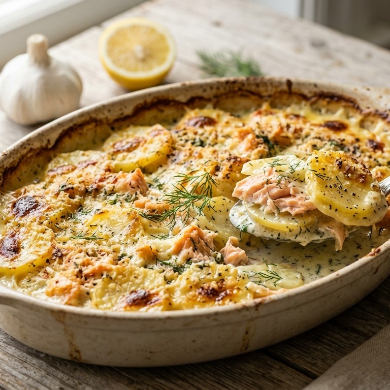 Aardappelzalmgratin met dilleroom
