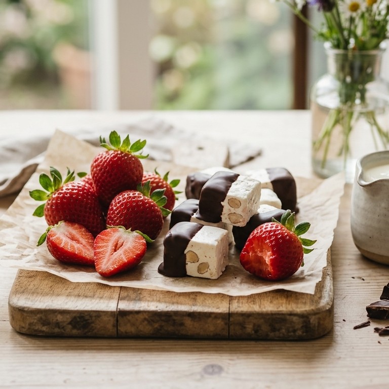 Aardbeien en noga met chocolade
