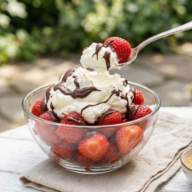 Aardbeien met chocola en slagroom