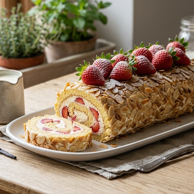 Aardbeienstam met een creme van amandelen