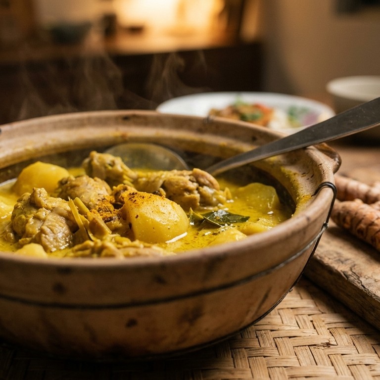 Ajam masak lemak kuning (gestoofde kipkerrie met aardappels)