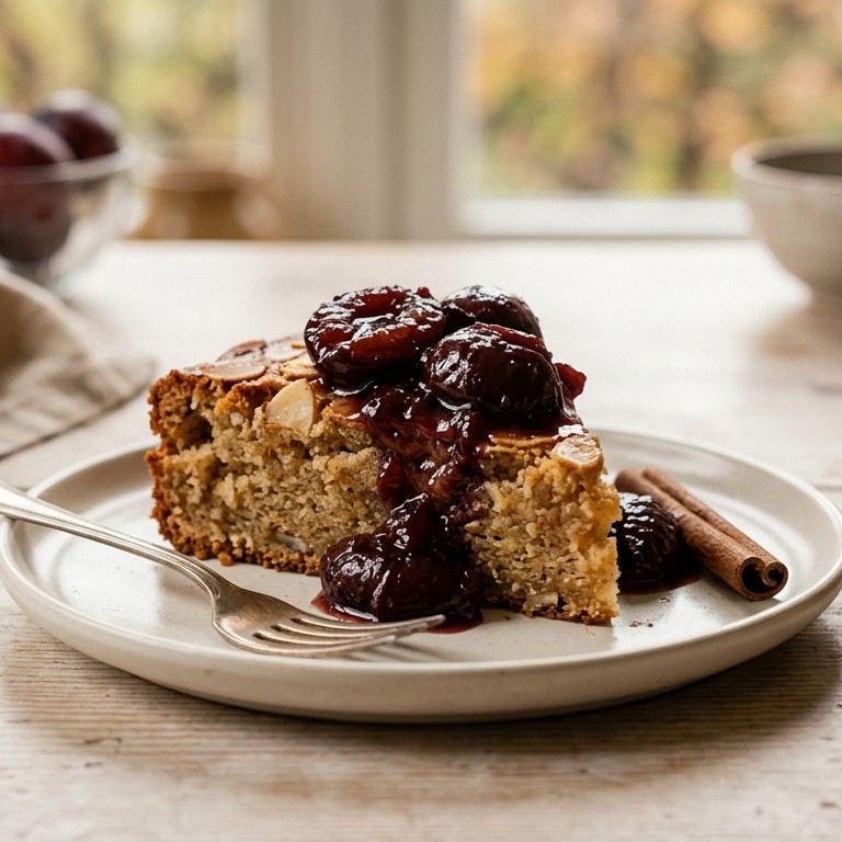 Amandelkoek met port en pruimen