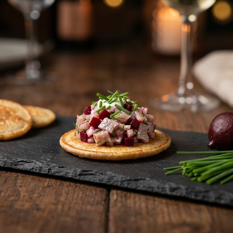 Amuse van blini met haringtartaar