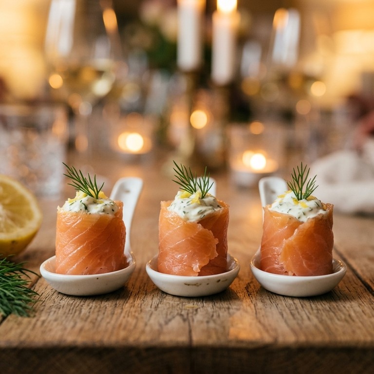 Amuse van gevulde zalmrolletjes