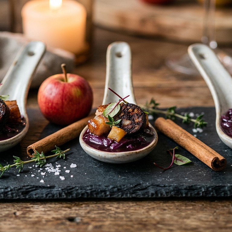 Amuse van rodekooljus met bloedworst en appel