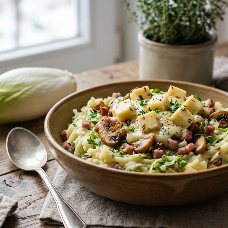 Andijviestampot met champignons en komijnekaas