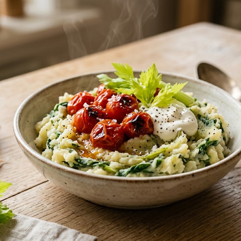 Andijviestamppot met tomaatjes en creme fraiche
