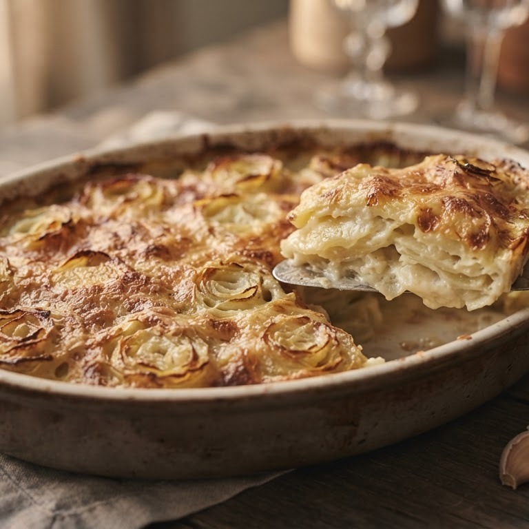 Anna's aardappelgratin met room, crème fraiche en kaas