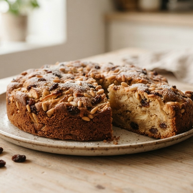 Appelcake met pijnboompitten en rozijnen